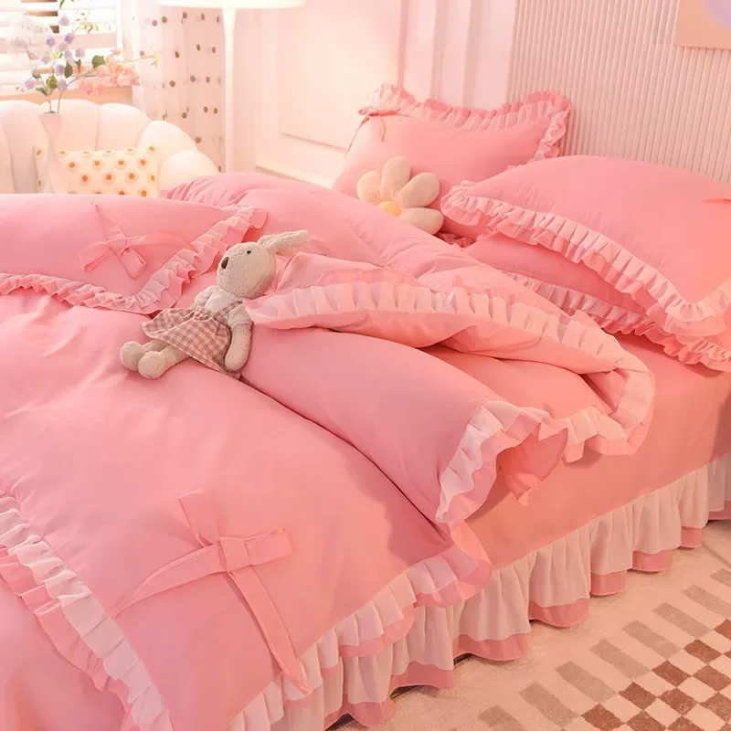 Girls Bedding Sets Kawaii Seersucker Bed Sheet Pillowcase Fashion Princess Duvet Cover Solid Color 4 Pieces Cute Home Decoration