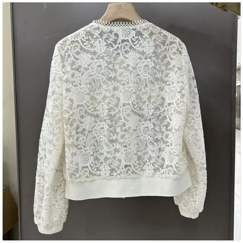 Women's 2024 Spring New Lace Collar Casual Hollow Panel Button Solid Color Versatile Office Lady Fashion Long Sleeved Tops