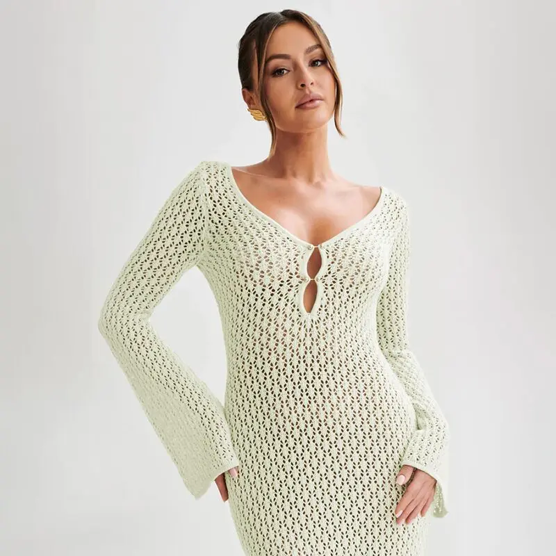 Sexy Women White Long Knit Sleeve Bikin Fashion Cover up Female See-Through Deep V-Neck Hollow-Out Beach Knitwear Backless Dress