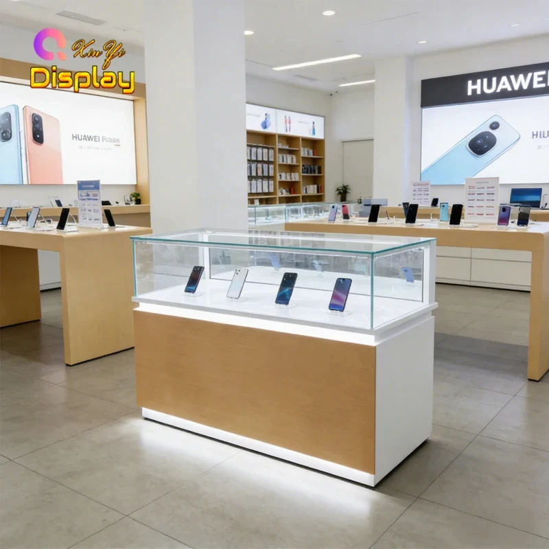 custom.Heavy Duty Lockable Gold LED Display Showcase Stainless Steel Frame Luxury Shopping Mall Phone Shop Retail