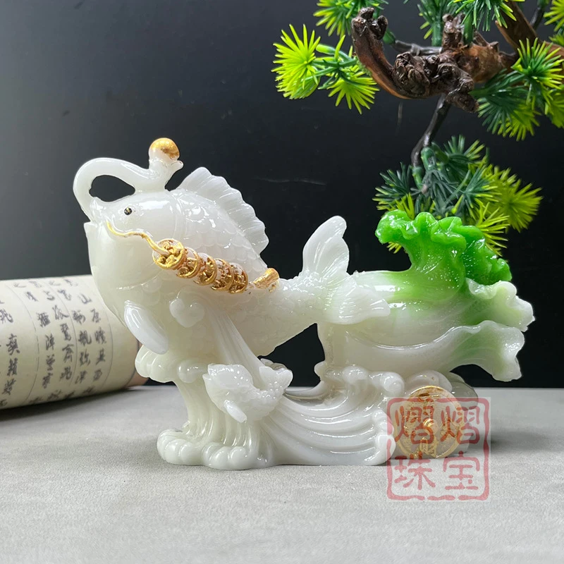 Gilt-painted luminous cute fish pulling cabbage, symbolizing wealth and prosperity, bringing abundance year after year, a feng s