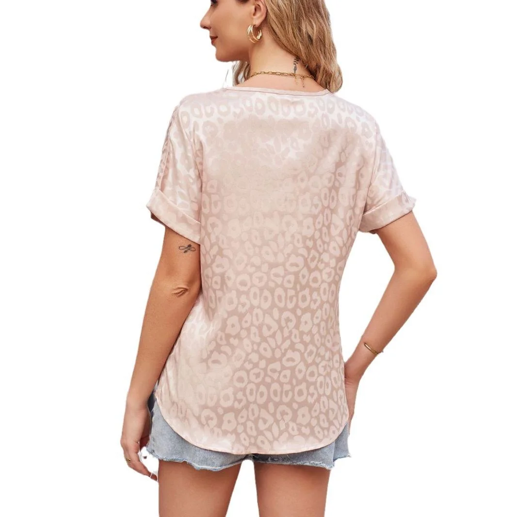 Women's Satin ort Sve irt Top with Collar Loose Fit Lace Splicing Geometric Pattern Polyester Fiber Summer New Arrival