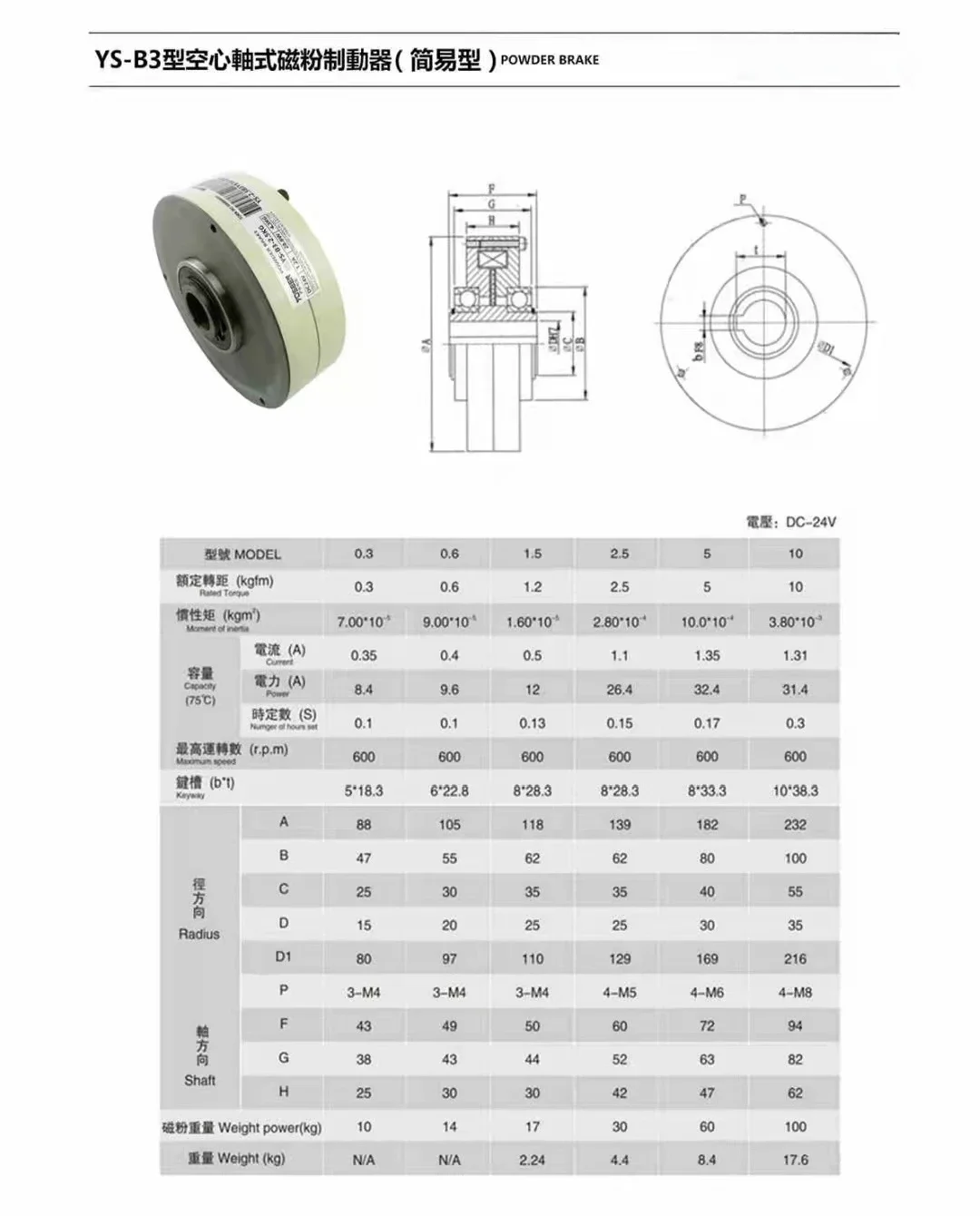 YSB Magnetische poederrem YSB-0.6 1,2 kg 2,5 kg 5 kg 10 kg 20 kg