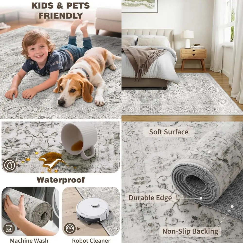 

Vintage 8x10 Rug - Soft, Stain-Resistant, Machine Washable Non-Slip Area Rug for Living Room, Bedroom, Dining Room (Ivory/Gray)