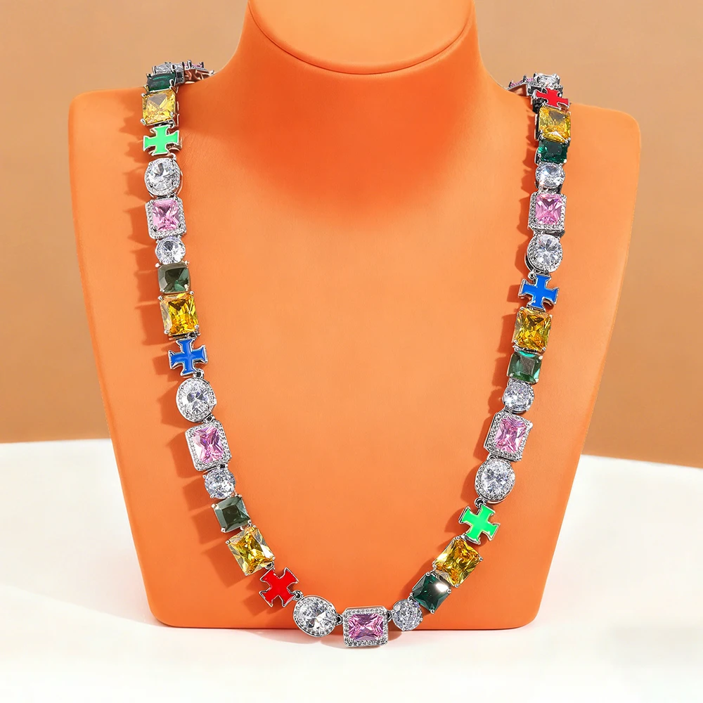 

Colourful Cubic Zirconia Necklace Tennis Chain Hiphop Choker Gift For Men Women Luxury Rock Shape Colorful Chains Jewelry