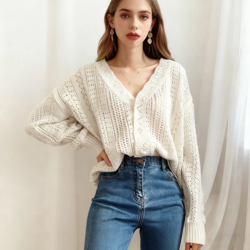 

Вязаный ажурный свитер с v-образным вырезом и длинными рукавами, весенне-осенний женский свободный милый кардиган, верхняя одежда, повседневная элегантная куртка
