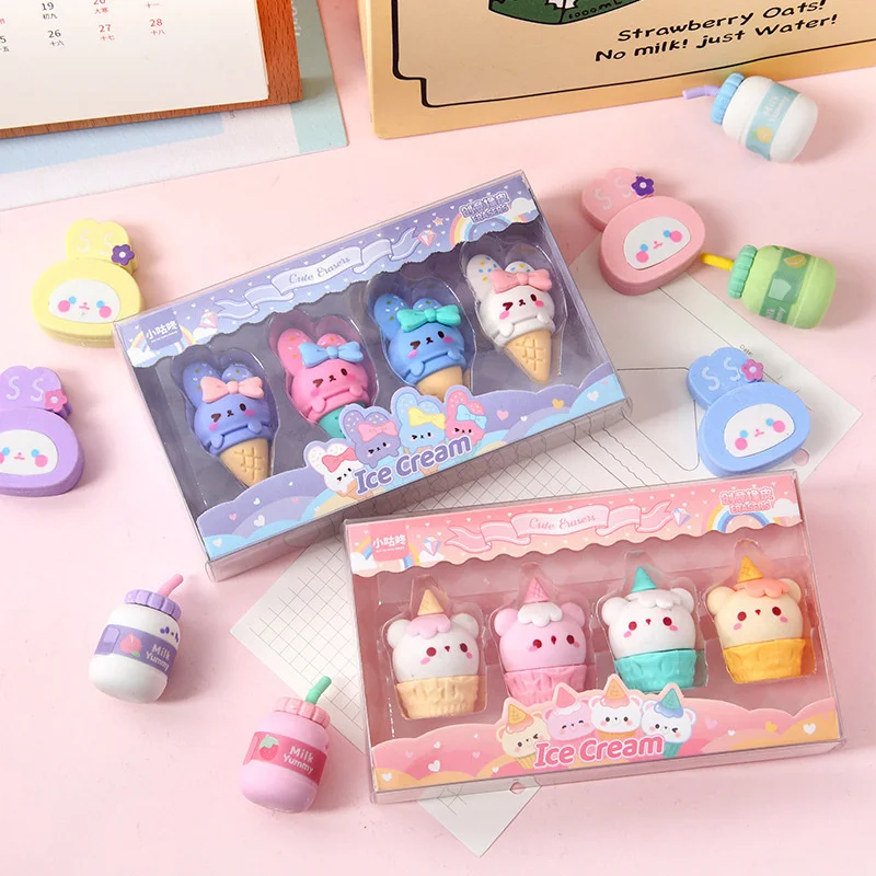 Imagem -02 - Kawaii Lápis Eraser Conjunto para Escrever e Desenhar Borracha Borrachas Papelaria Presentes Material Escolar Sorvete Coelho Unicórnio Bonito 12 Caixas por Lote