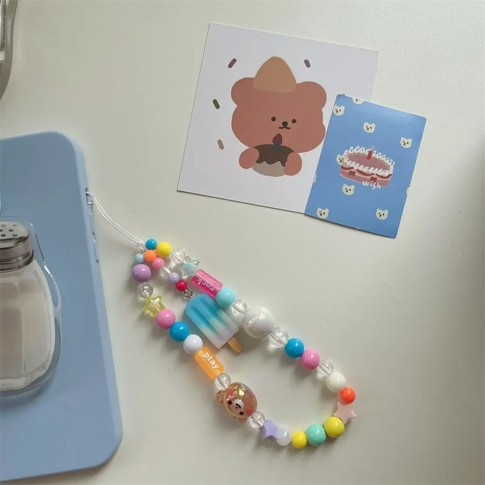 Y2K Korean 3D Cute Ice Cream Bear Phone Keychain Charm Strap Lovely Lanyard Kecord Pendant for Woman For iPhone Anti-Lost Cord