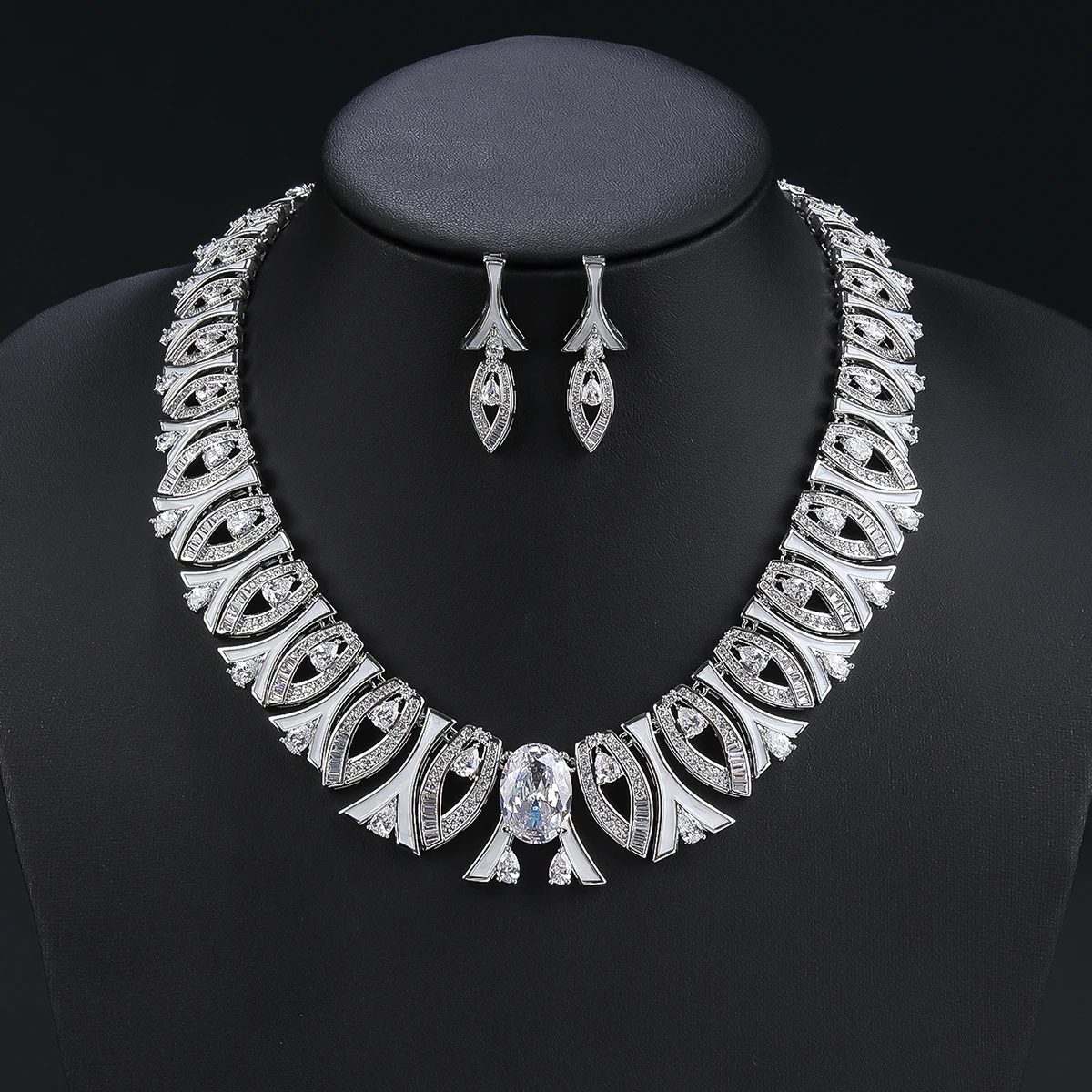 Fashion Cubic Zirconia Colored Enamel Necklace Earrings Set For Women Wedding Bridal White Zirconia Jewelry Set CN11269