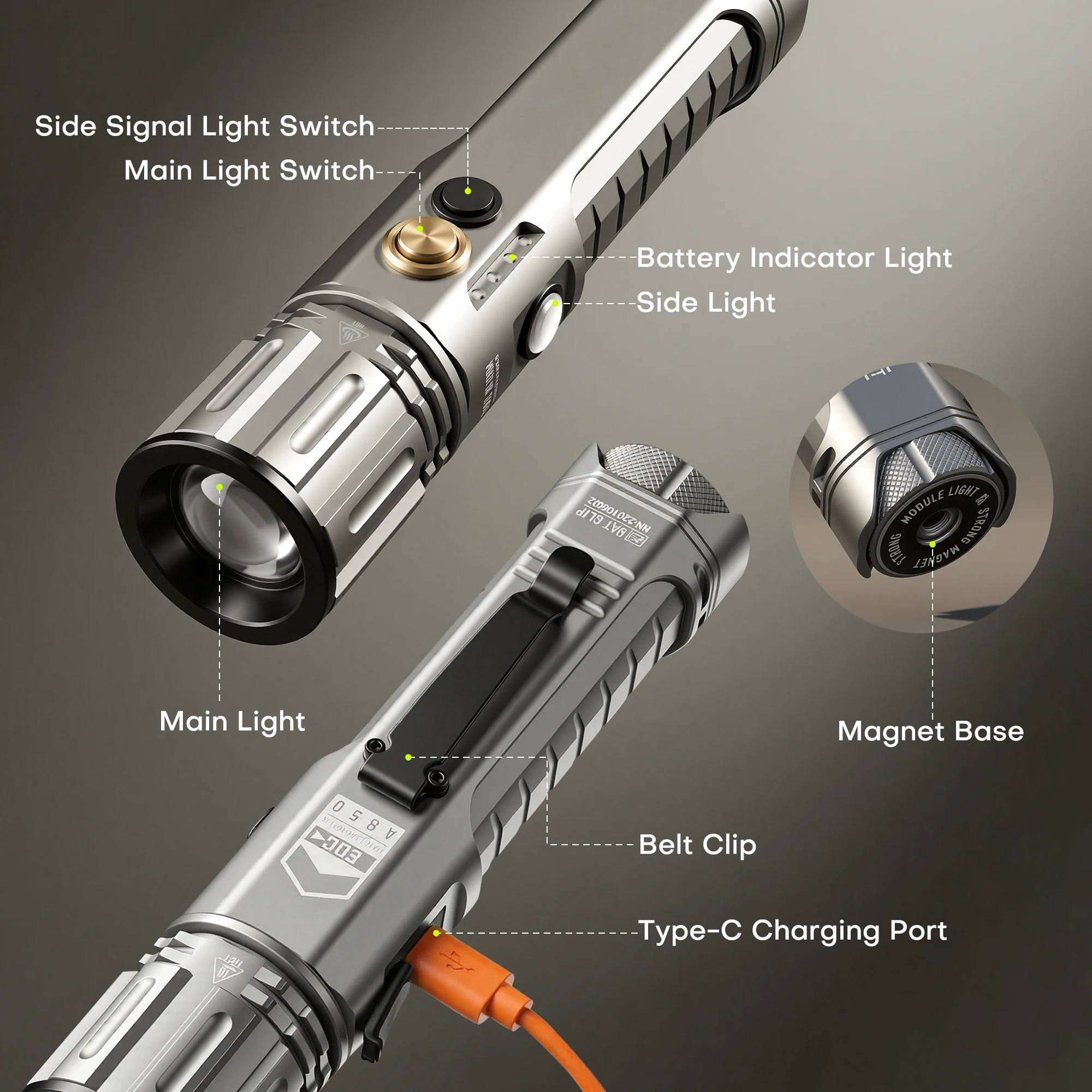 5-in-1 Handheld Flashlight Kit with Magnetic Base, Rechargeable LED Light, USB-C Fast Charging, Zoomable Flashlight for Home