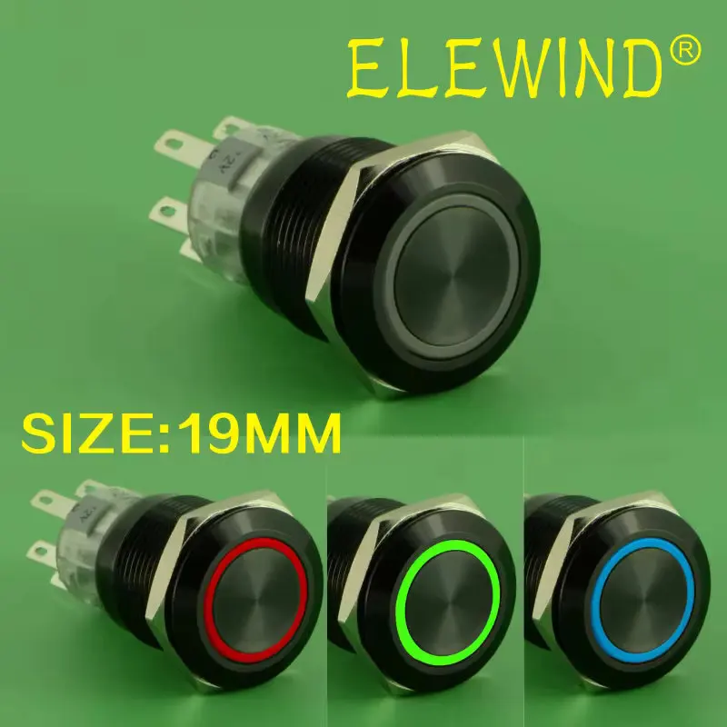 ELEWIND 19mm RGB LED Push Button Switch Black Aluminum Stainless Steel 3 Color Ring 12V PM192F-11E/J/RGB/12V/A