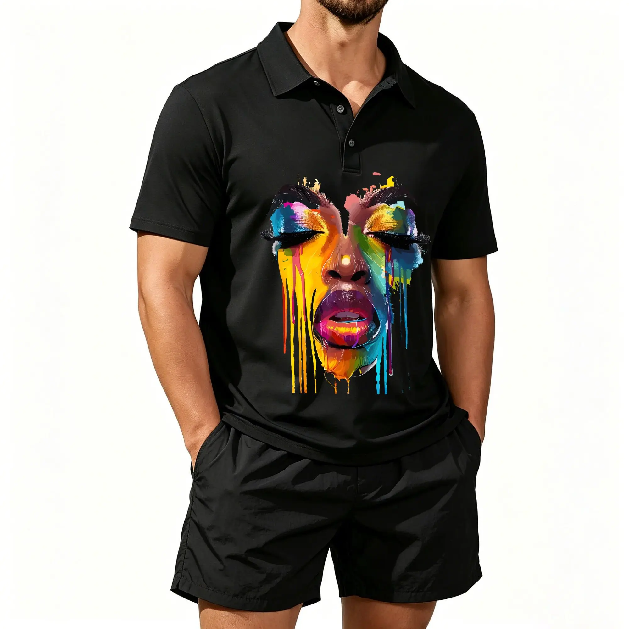 Conjunto de Camiseta Polo de Manga Corta para Hombre, con un Diseño de Rostro de Grafiti de Estilo Africano, con un Toque Festivo de Junio, Adecuado para Uso Diario y Actividades al Aire Libre Transpirable, suave y lavable a máquina.