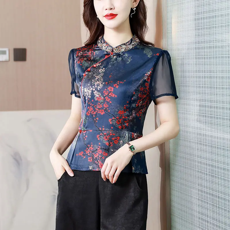 Cheongsam Women's Stand Collar Hanfu Tops 2023 Spring Blend Organza Embroidery Chinese Style Tang Costume Qipao Shirts Woman