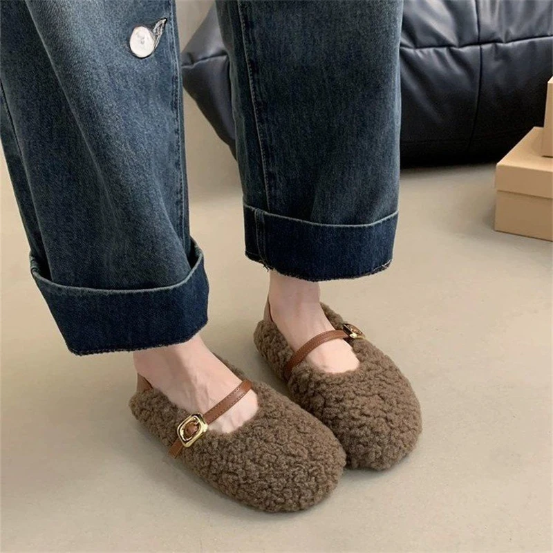 2024 Doudou Shoes Women's Buckle with Velvet Cotton Shoes Women's Shoes One Button Autumn and Winter Fury