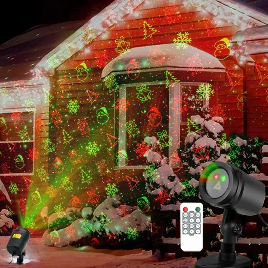 12-patronen Kerstlaserlichten Landschap Laserprojector Spotlight Rood Groen Sterrenshow voor buitentuin Patio Wanddecoratie