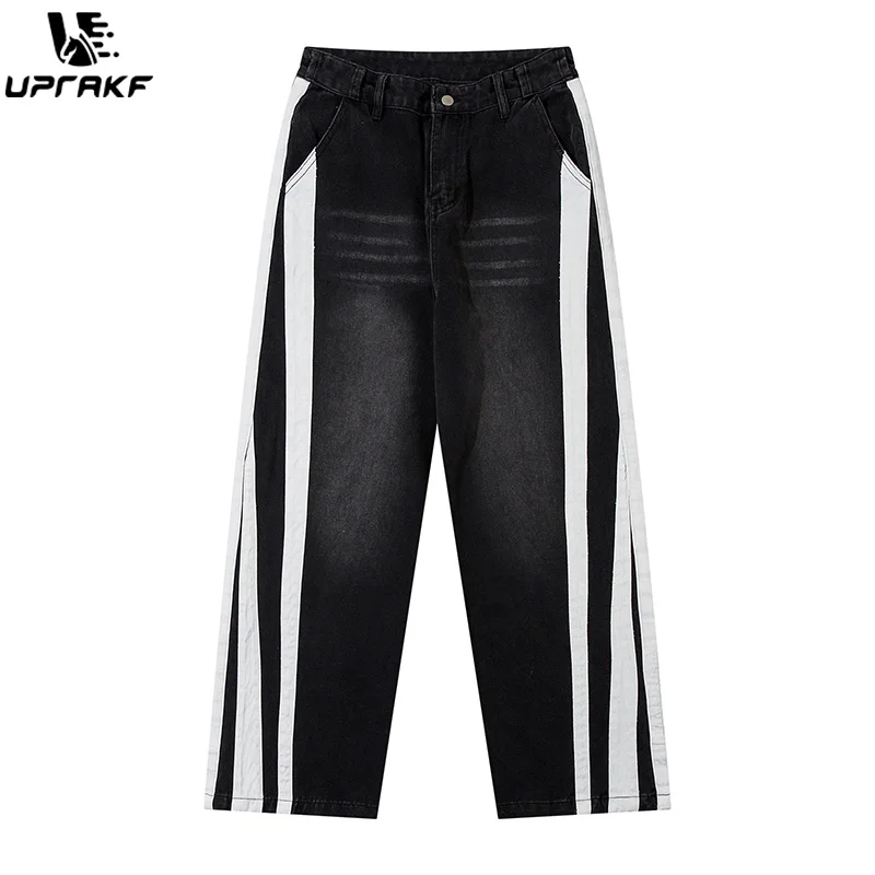 

UPRAKF Side Webbing Denim Pants Straight-leg Autumn Basic Casual Wide Leg Pantalones Streetwear