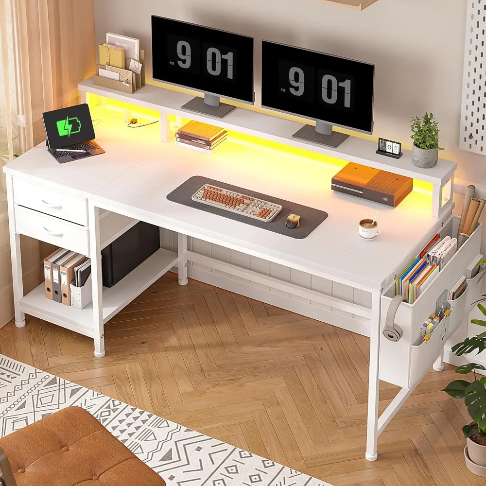 48" Computer Desk with LED Lights, Gaming Desk with Drawers & Storage Bag, Office Desks with Power Outlets & Monitor Stand, Home