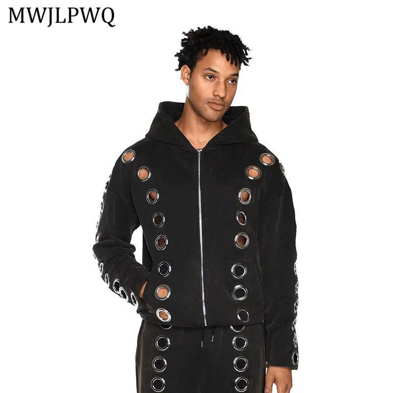 

MWJLPWQ модный ажурный свитер унисекс High Street Matal Design свободный кардиган на молнии с капюшоном топы повседневный мужской комплект 11523