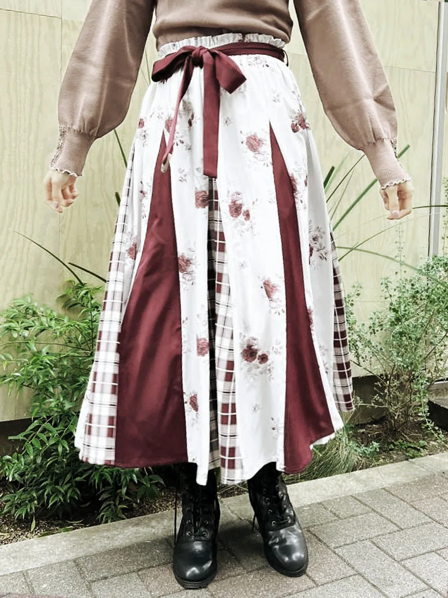 

Ele Floral Print Belted A-Line Midi Skirt Slim Fit Patchwork Waist Design Polyester Fiber mid Waist Chinese Production