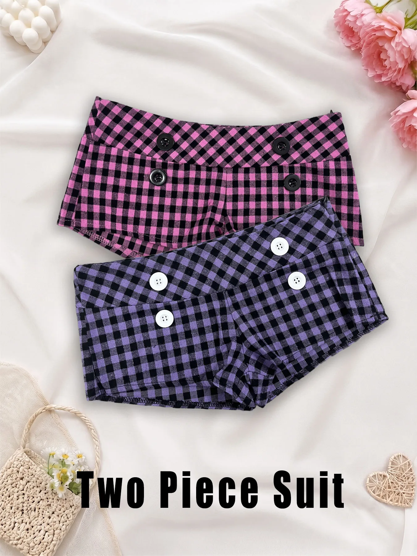 Y2K E-girl Women 2 Pack Checkered Booty Shorts Low Rise Plaid Short Pants Button Decor Punk Aesthetic Streetwear Two Piece Sets