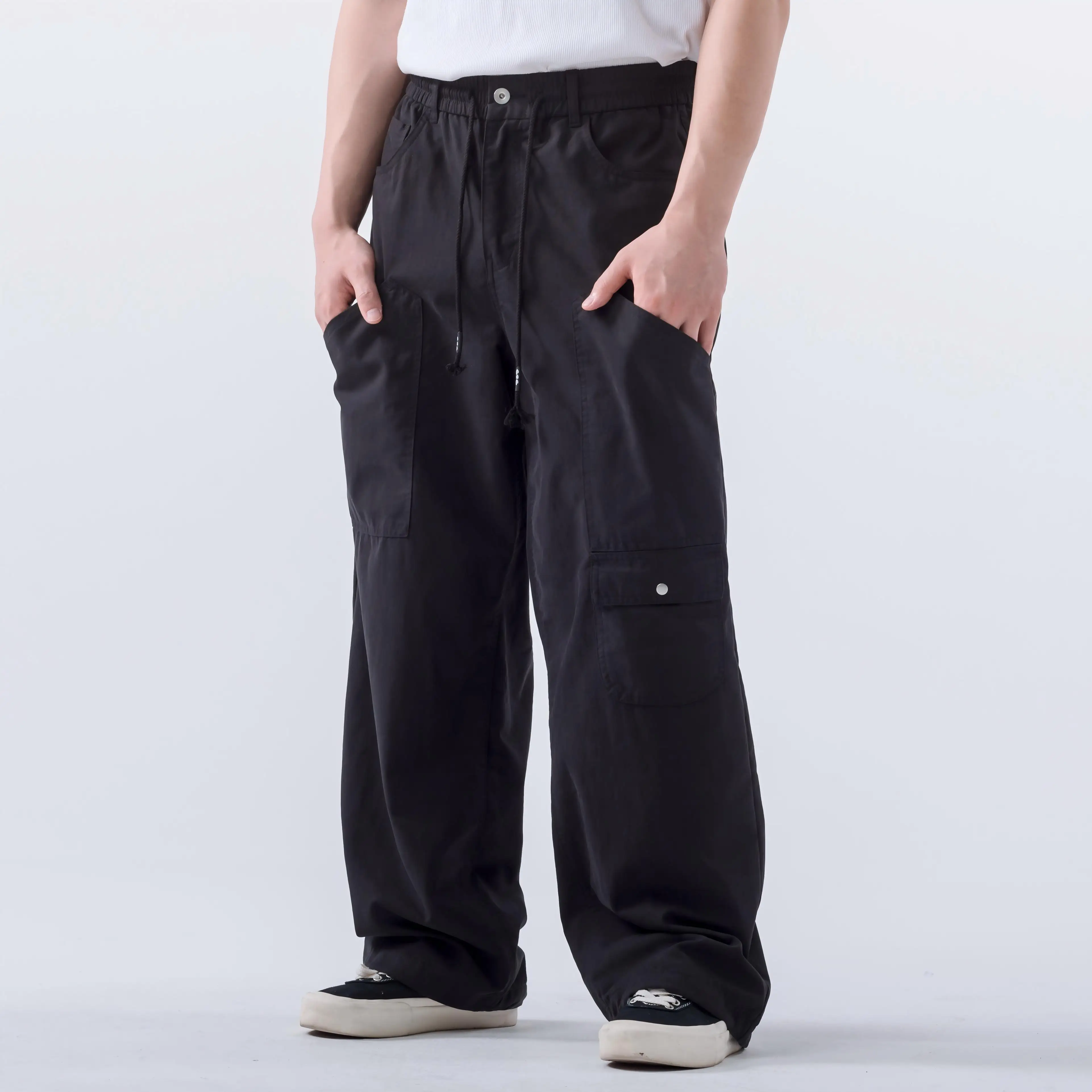 Black High Street Hip Hop Flared Work Pants High Street Wide Leg Pants Baggy Zip up Drawstring Oversize Cargo Pants