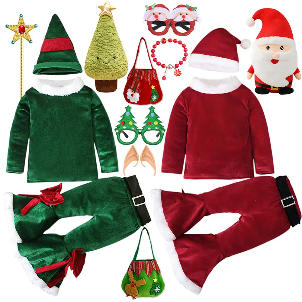 2025 عيد الميلاد الأخضر والأحمر قزم طويلة الأكمام زي قبعة قطعتين مجموعة السنة الجديدة الاطفال ملابس الطفل مجموعة يتوهم حفلة عيد الميلاد الزي #1