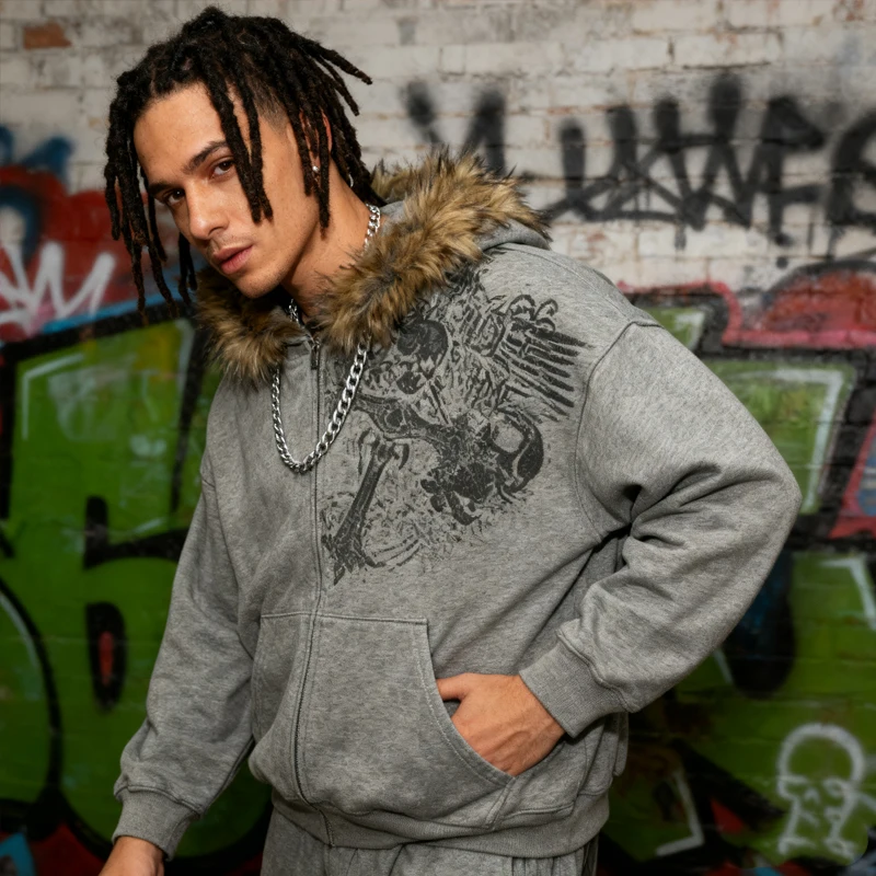 Gothic Skull Print Hoodie Men's 2025 Trendy Gray Faux Fur Collar Zip-Up Jacket Street Punk Casual Top