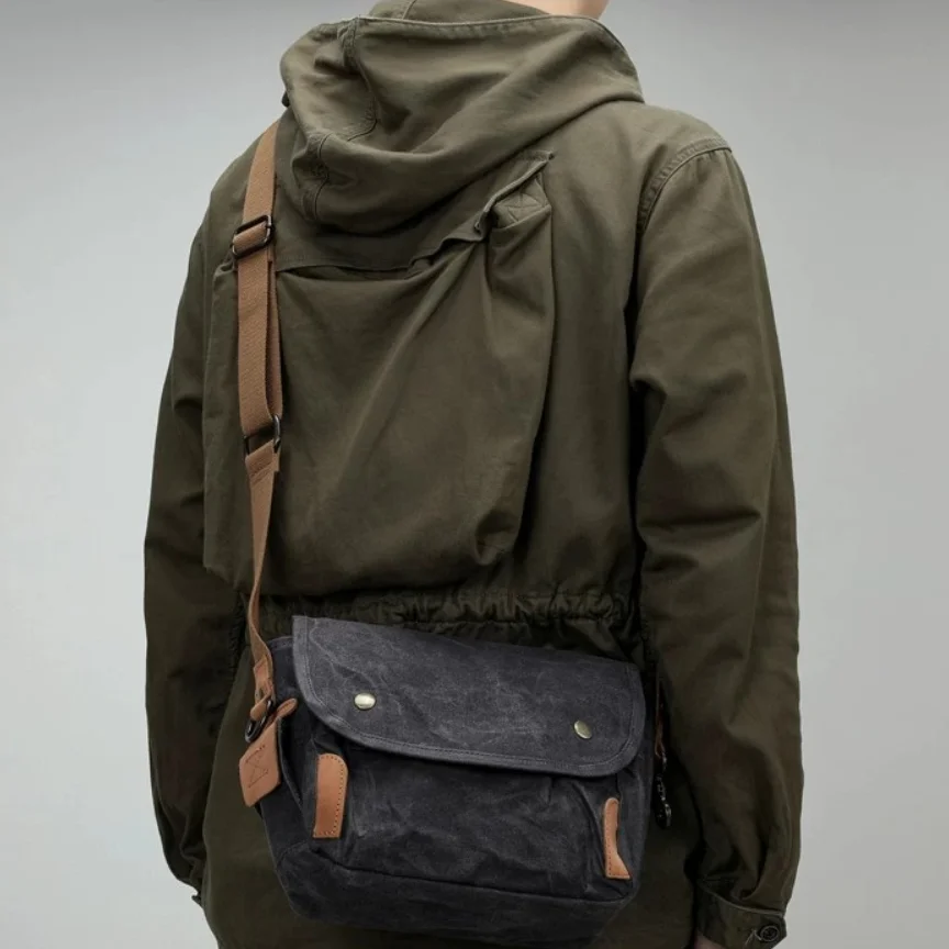 Vintage Canvas Waxed Messenger Bag Men's Casual Crossbody Shoulder Bag with Full-Grain Nubuck Leather Patchwork Travel Satchel