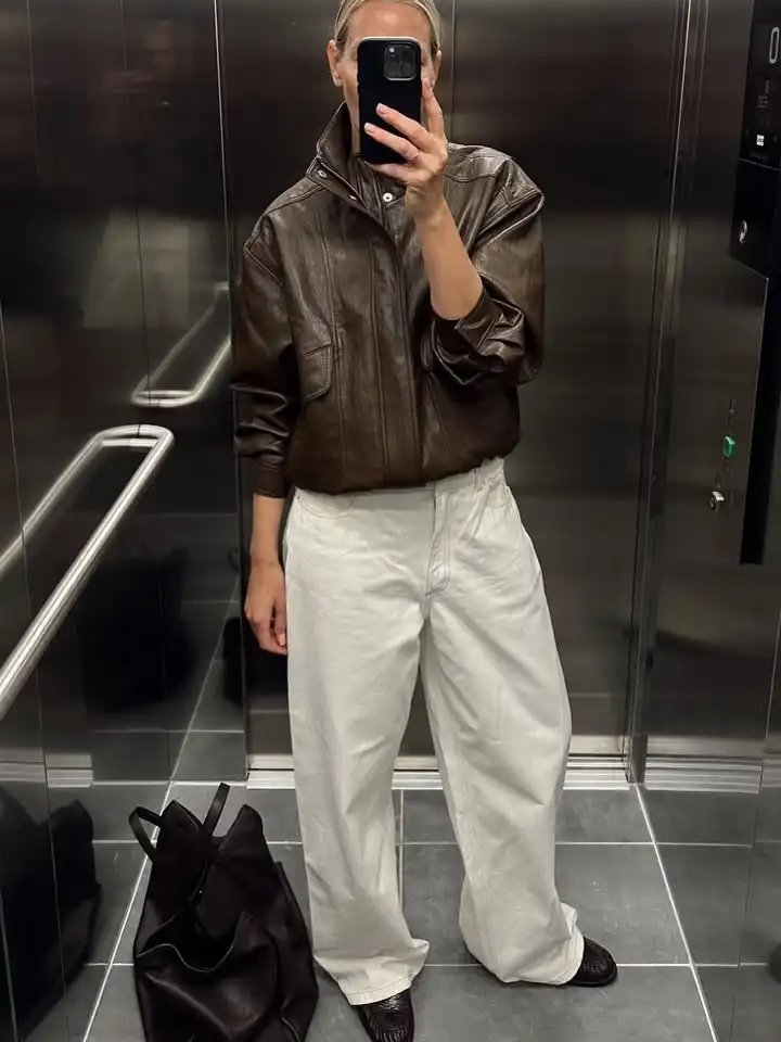 Women Chic Stand Collar Leather Jacket Fashion Lapel V-neck Full Sleeve Button Loose Coat Casual 2026 Lady Daily Commute Outwear