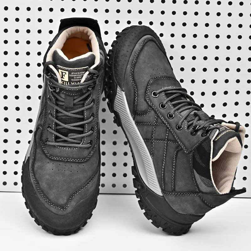 Golden Sapling Outdoor Shoes Men Genuine Leather Mountain Trekking Boots Men\'s Ankle Boot Retro Platform Flats Casual Work Shoe