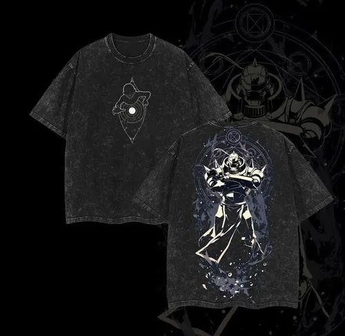 Imagen 2 del producto Camiseta Vintage lavada con símbolo de alquimista, camiseta de Anime roja y negra, regalo para amantes del Anime, camiseta de moda lavada de gran tamaño con estampado gráfico