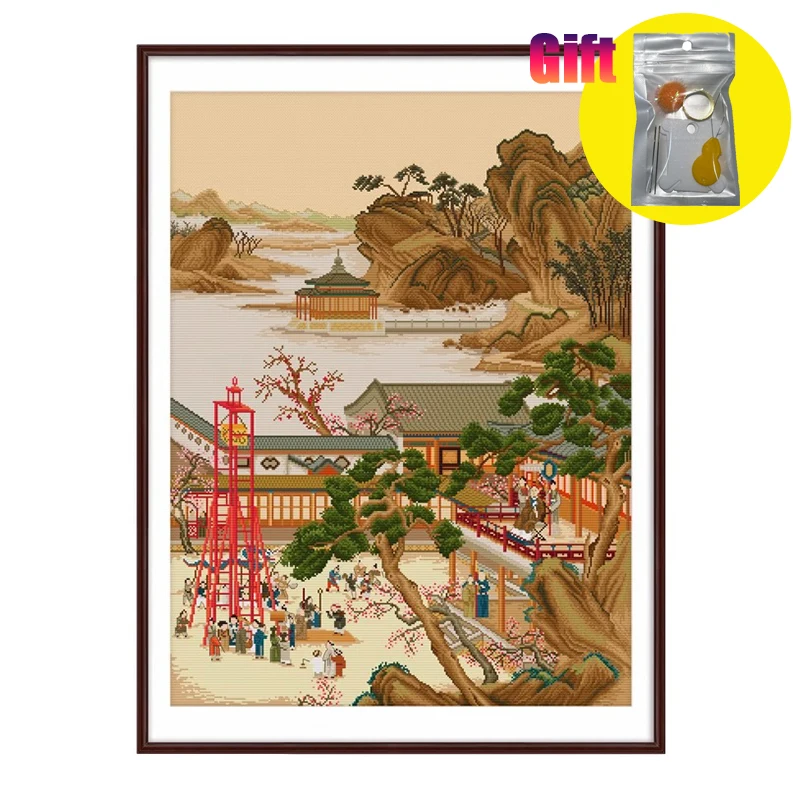 Handmade cross stitch kit Chinese Traditional Yuanxiao Festival DIY 11CT Retro Printed Canvas Used for holiday decoration