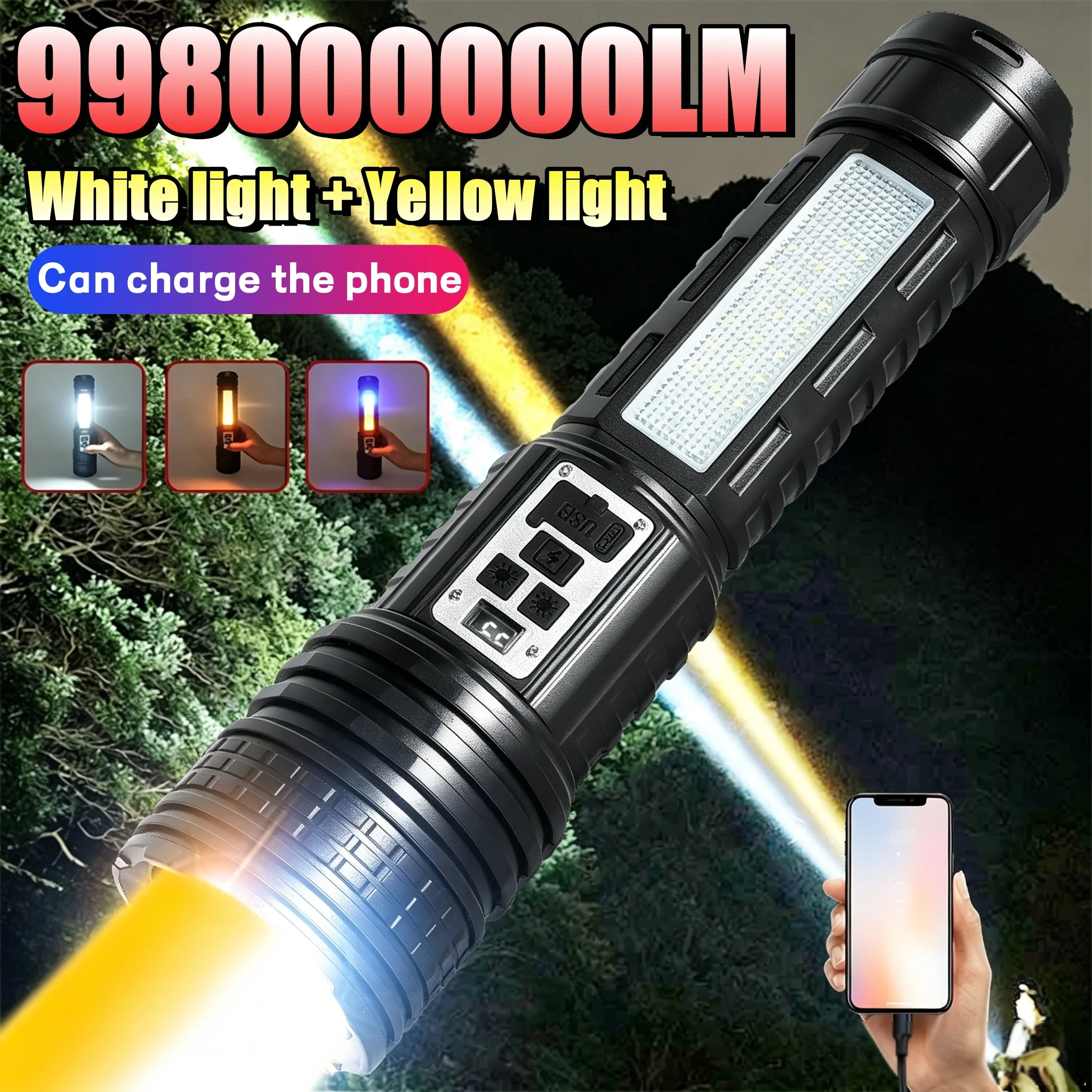998000000LM High Power Flashlight USB Rechargeable Long Range Tactical Torch Yellow And White Light For Outdoor Camping Fishing