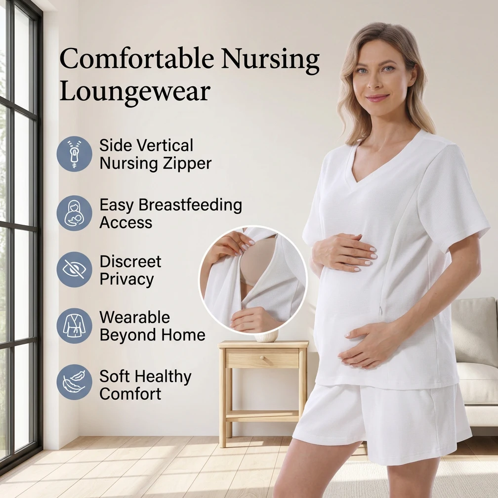 Maternity Nursing Pajama Set Waffle Knit Hidden Side Zipper Breastfeeding Loungewear Shorts Comfortable Sleepwear for Mothers