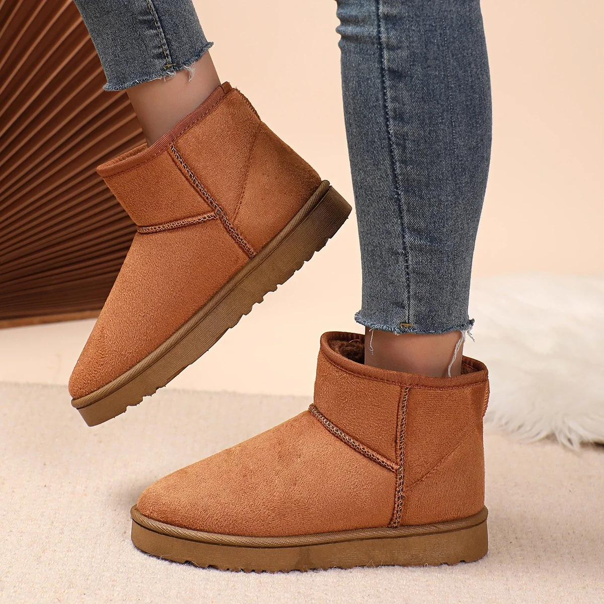 Modische/Sexy Rutschfeste Winterstiefel mit Flachem Schaft, Neue Runde Zehenpartie, Bequeme und Lässige Warme Schneestiefel für Damen – Detail 1