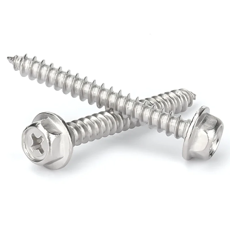 1-10pcs 304Stainless Steel M3 M4 M5 M6 M8 M10 Self-Tapping Phillips Hex Screw Cross Hexagonal Flange Cross Head Screws Wood Nail