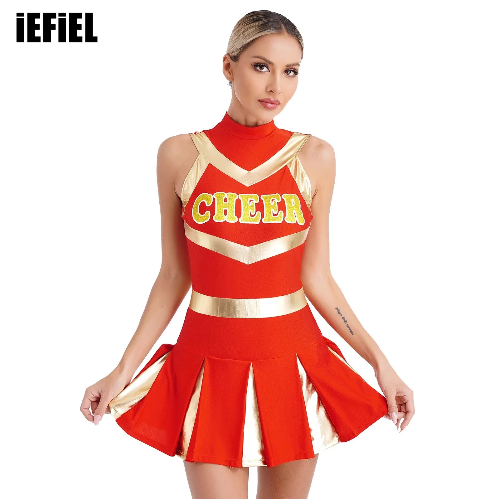 

Womens Cheerleading Dress Uniform Sleeveless Pleated Print Dress Youthful Schoolgirl Cheer Squad Shiny Halloween Costumes