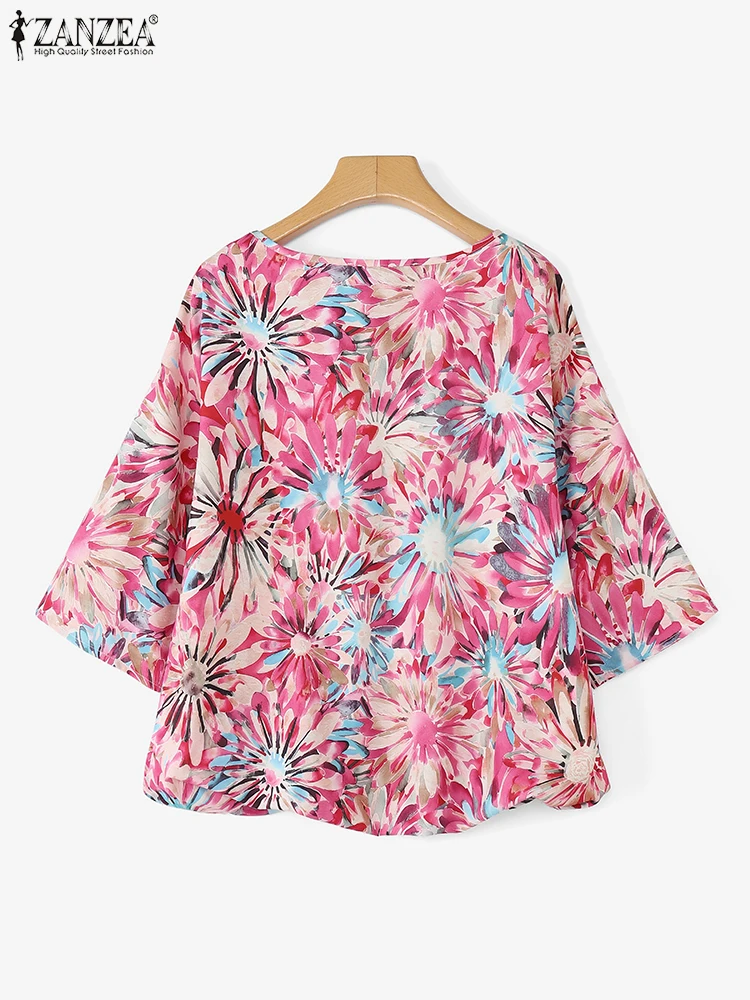2025 ZANZEA Autumn Women Fashion Vintage Tops 3/4 Sleeve Casual Bohemian Print Blouses Shirts Loose V-Neck Oversize Blusas Femme