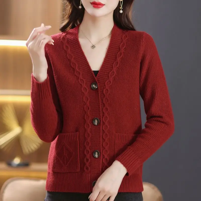 Cárdigan grueso con cuello en V para mujer, suéteres informales de punto que combinan con todo, color sólido coreano, moda Vintage, primavera y