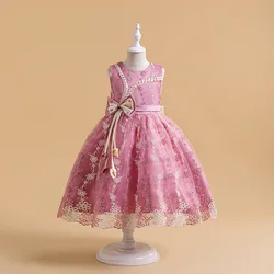 HETISO Embroidery Flower Children Dress Tassel Bowknot Kids Dresses for Girls Beading Ceremonial Party Ball Gown 2 6 8 Years