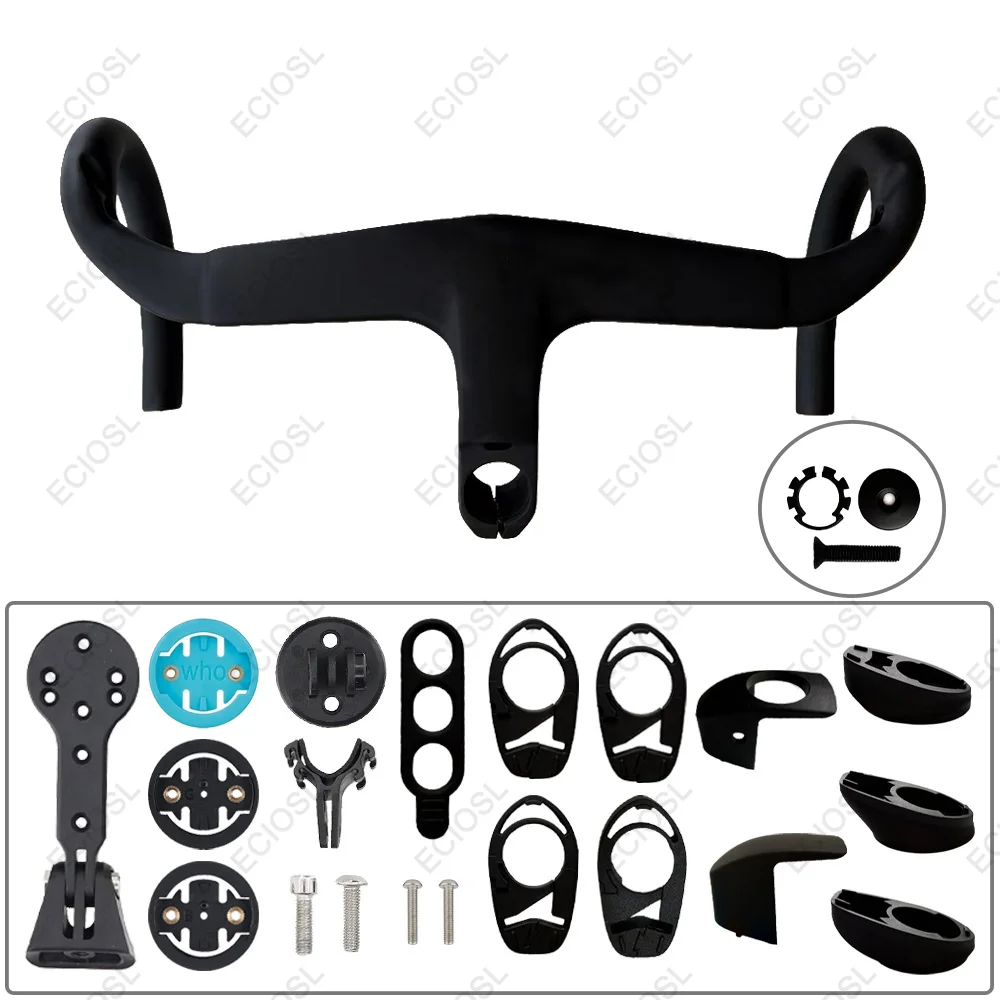 Road Bike Integrated Carbon Fiber Handlebar with Stem Full Set Internal Cable Routing Drop Bar with Computer Mount Spacers Kit