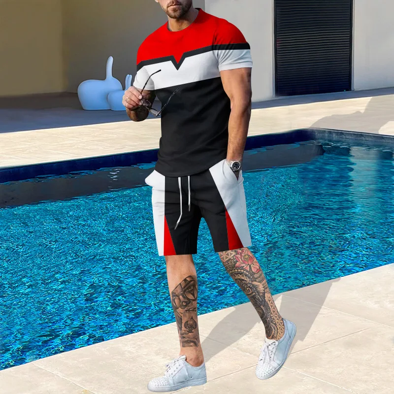 Nowy stylowy męski zestaw szortów plażowych z nadrukiem 3D T-shirt z krótkim rękawem + szorty 2-częściowy zestaw Letnie dresy oversize