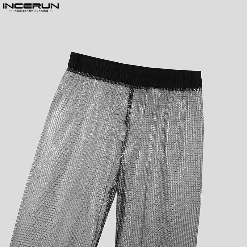 2024 Men Pants Mesh Transparent Shiny Elastic Waist Sexy Party Fashion Trousers Men Streetwear Casual Long Pants S-5XL INCERUN