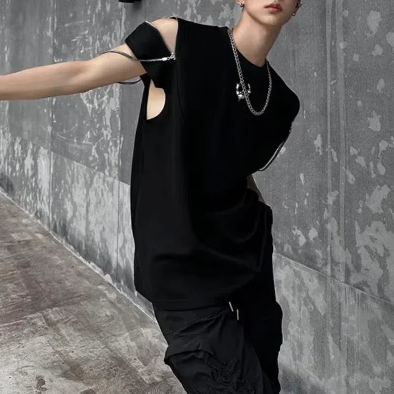 Spring Autumn Fashion Round Neck Short Sleeve T-Shirts Men\'s Clothing Young Zipper Hollow Out Korean Trend Hip Hop All-match Top