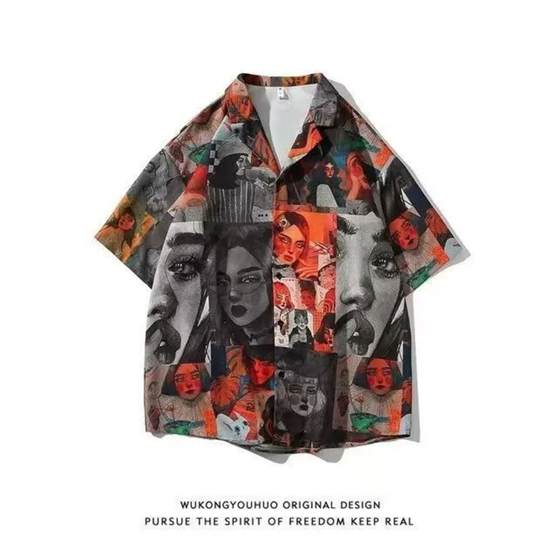 Y2K Summer New Hawaiian Style Short Sleeve Shirt Men West Cowboy Mens Oversized Plaid Patch Stitch Printed Beach Shirts Techwear