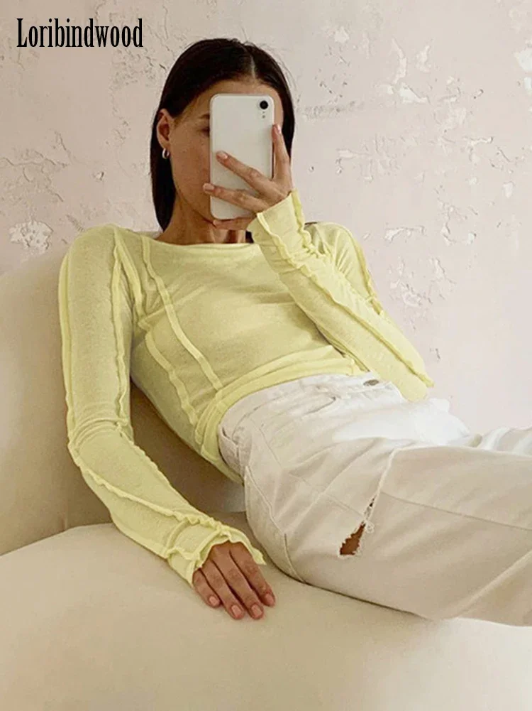 Bodycon White O-Neck Women\'S T-Shirt 2022 Elegant Yellow Long Sleeve Fall Tee Shirt Casual Slim Elastic Solid Top Female