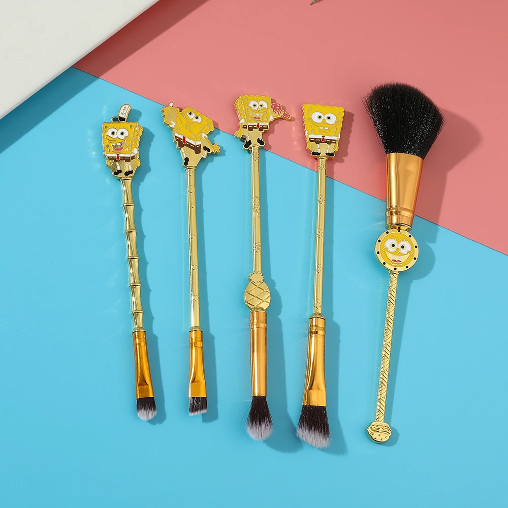 5pcs/Set SpongeBob SquarePants Cartoon Makeup Brushes Kits Foundation Blending Blush Concealer Eyebrow Powder Brush With Pouch