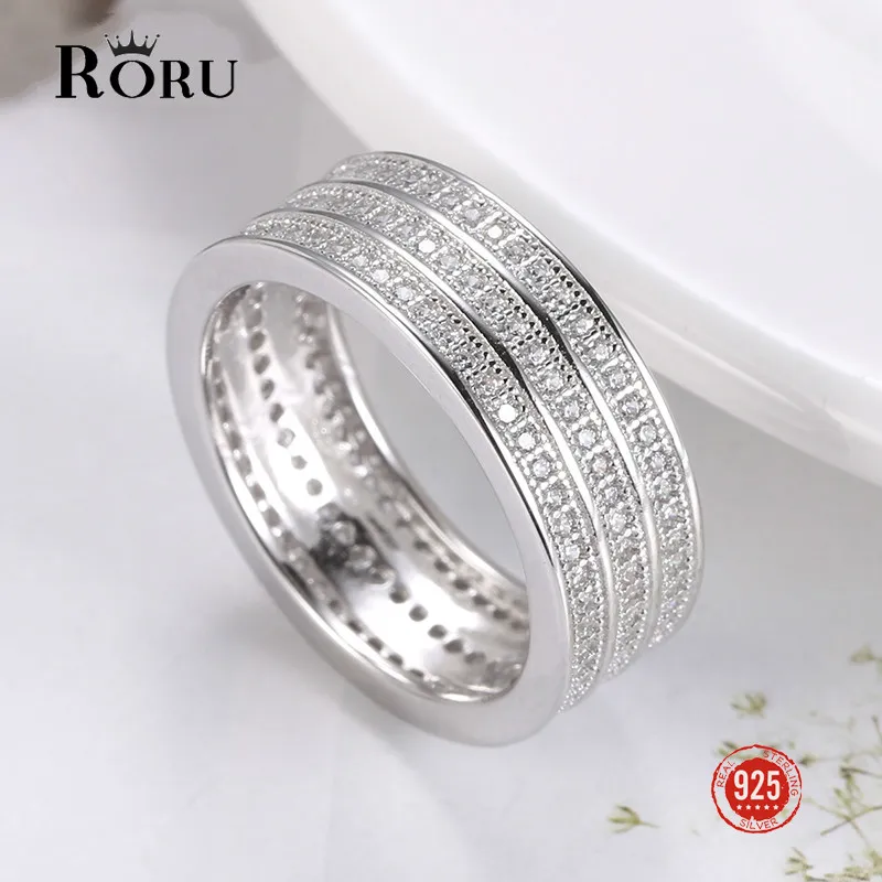 Sterling Silver 925 Jewelry Women's Crystal Wide Ring Shining Simulated Diamond Personality Fine Silverware Female Gift