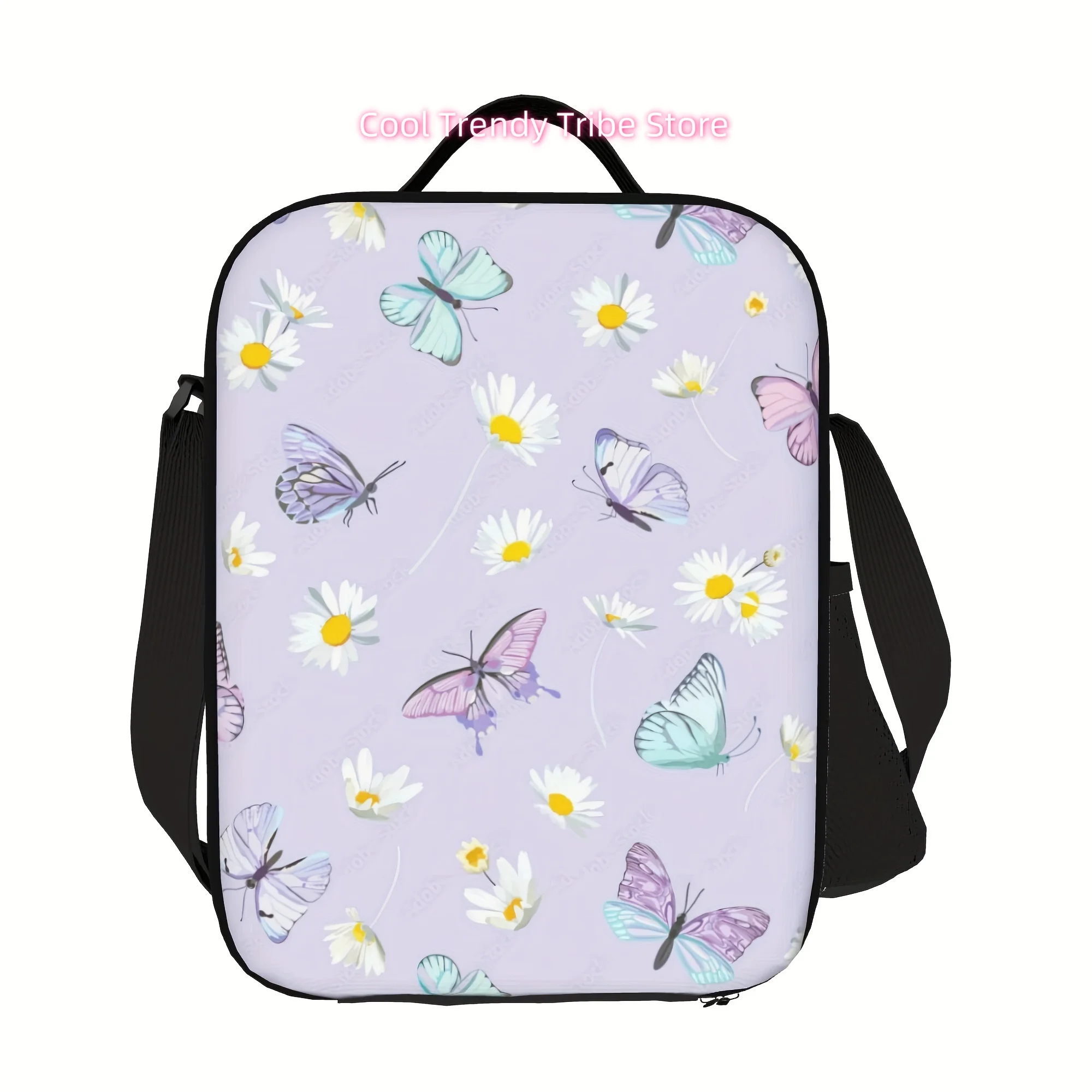 Insulated Lunch Bag with Colorful Butterfly & Floral Design - Reusable Polyester Cooler Bag, Perfect for Camping, Picnics, Beach