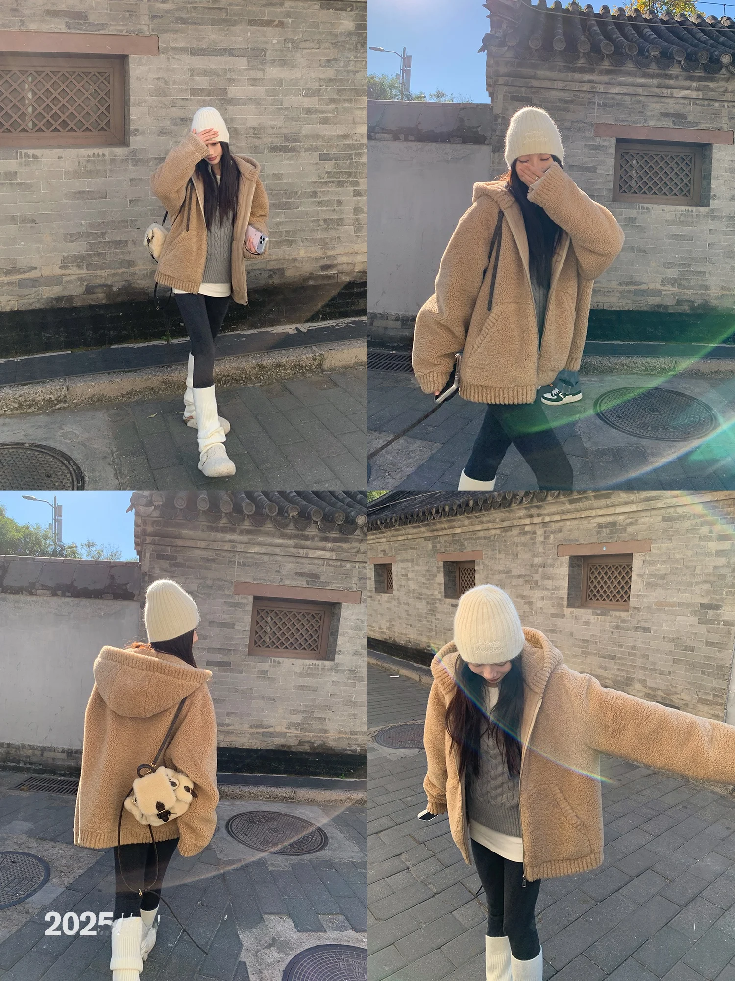 

Women's Loose Fit Lamb Fur Coat with Hood Polyester Fiber ort Coat Vintage Sle Winter Outerwear SUONE Polyester Fiber